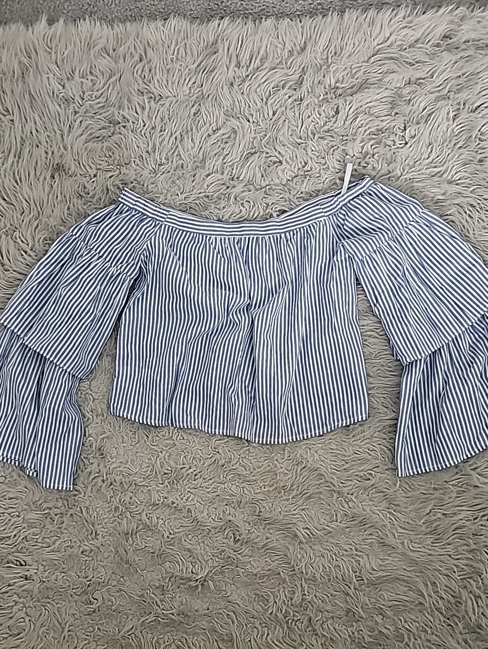 BCBGMaxAzria Blue and White Striped Off-Shoulder Bell Sleeve Top